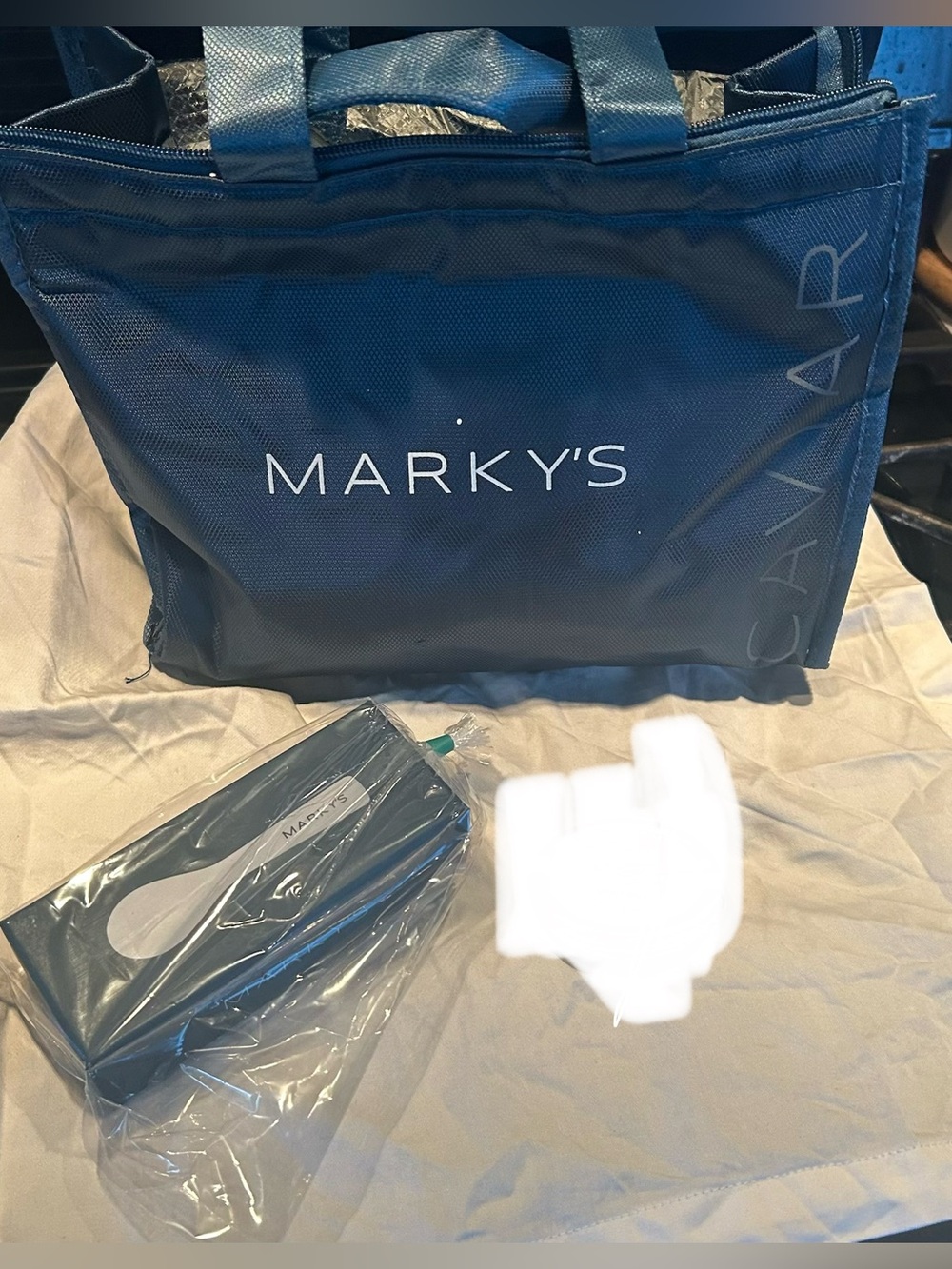 MARKY'S Caviar insulated Blue Tote Bag with small mother of pearl caviar spoon